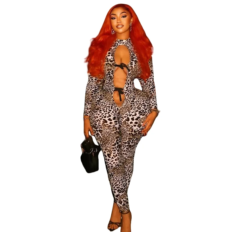 

Women's Leopard Print O-Neck Long Sleeve Hollow-out & Lace-up Jumpsuits, Zipper, Sexy