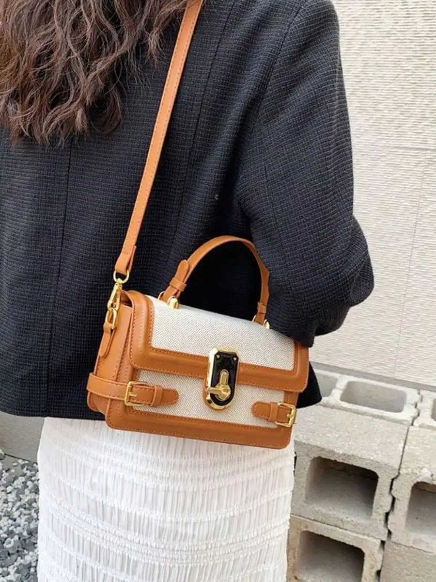 Damen Retro Ästhetische Umhängetaschen Spleißen Messenger Bags Quadratische Metallschnalle Umhängetaschen