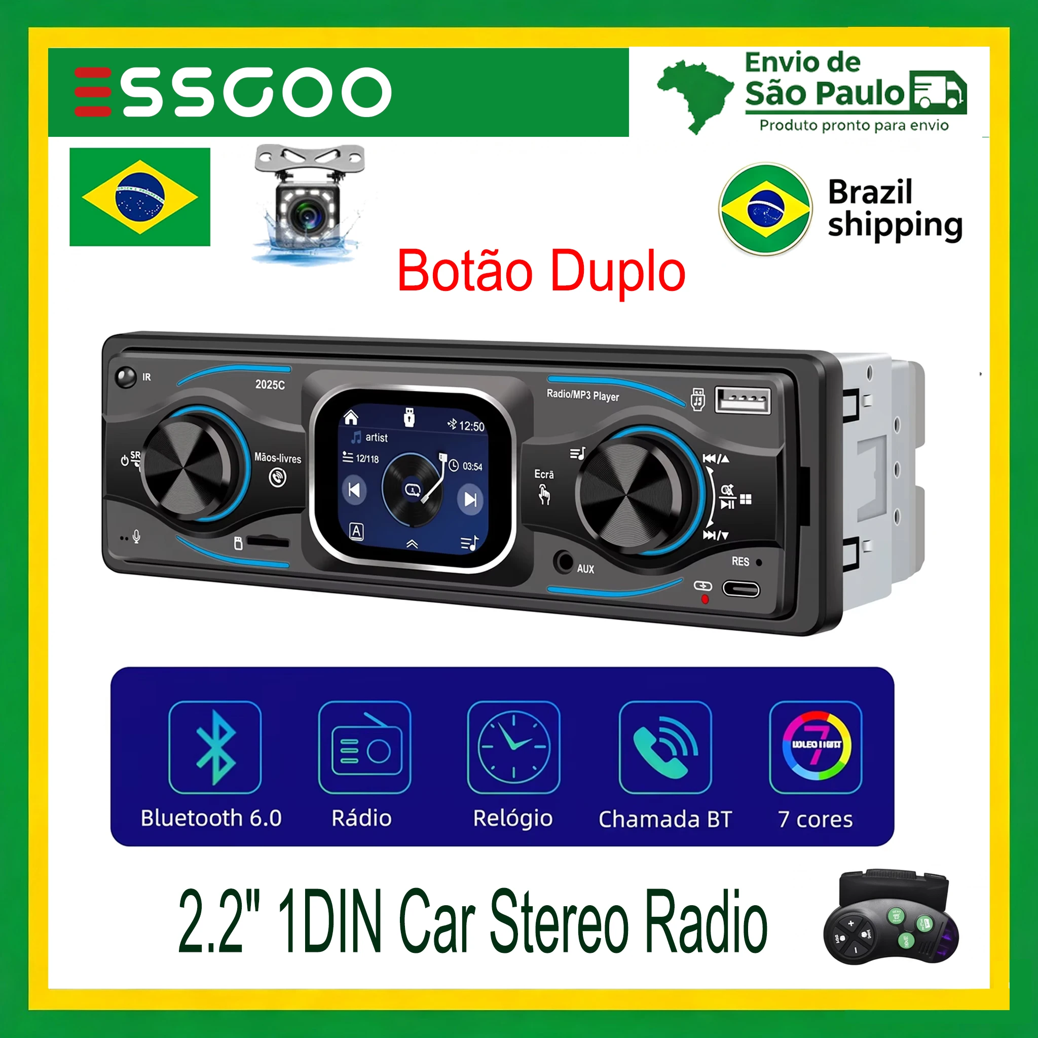 essgoo-22インチ-シングル1dinカーステレオラジオ、fm、bluetooth-60、ハンズフリー、タッチスクリーン、7色、usb、sd、aux-in、type-c、eq、mp3プレーヤー搭載