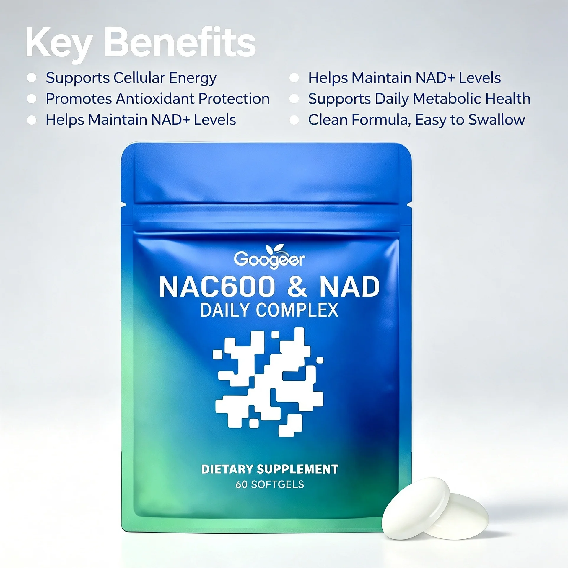 NAC600 NAD Cellular Energy Complex Capsules Anti-Aging Antioxidant Cell Repair Boost Vitality Skin Health Supplement 60 Pills