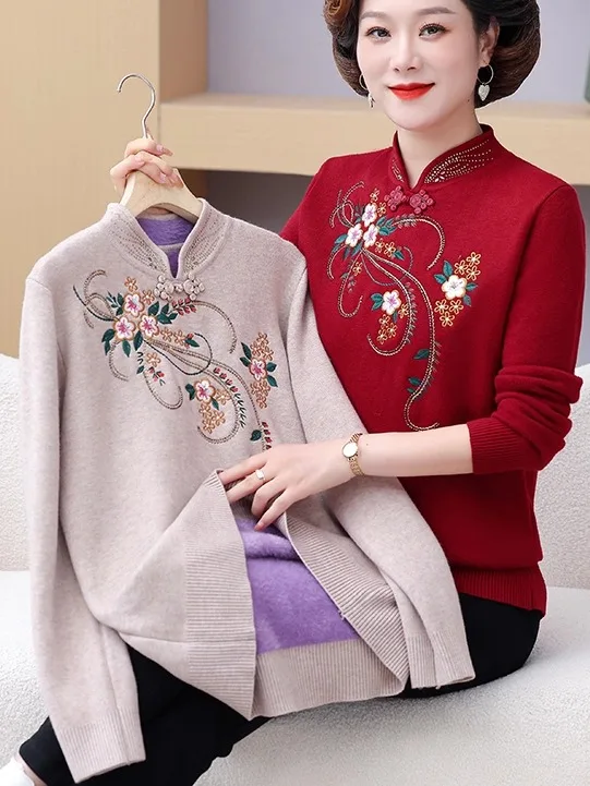 Thiened Fce 여성용 스웨터 따뜻한 베이스 레이어 벨벳 안감 40-49세 엄마 겨울 패션 출퇴근용