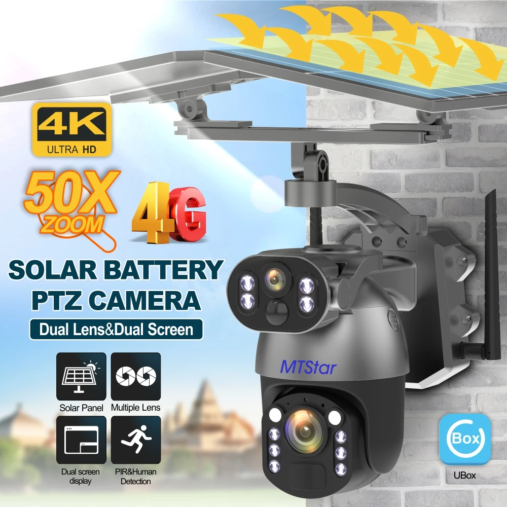 MTStar Brand 4G LTE Solar Powered Wireless UBox App Solar Camera with 50X Zoom Support Two Way Audio with Two Solar Panel