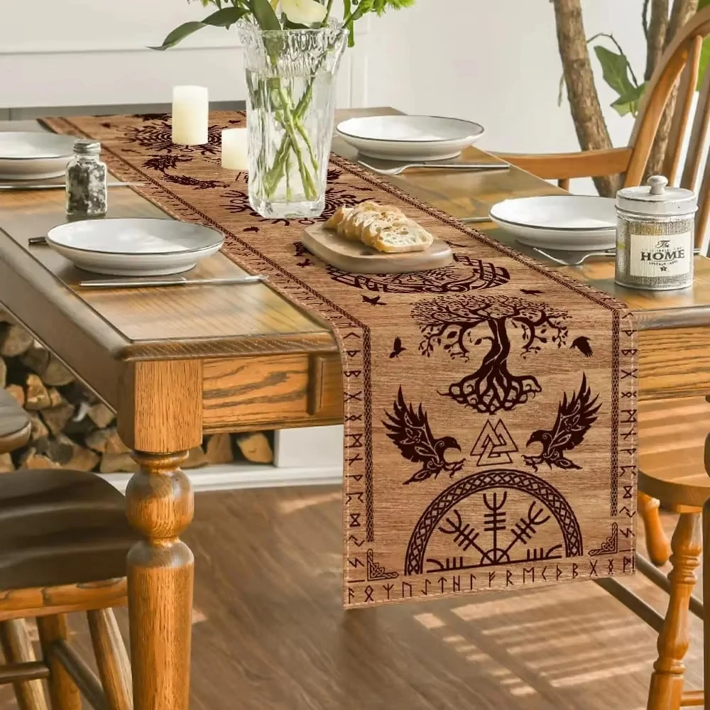 Chemin de table vintage en lin avec motif casque de corbeau viking, décoration de cuisine et salle à manger pour les fêtes, décoration de maison viking époustouflante