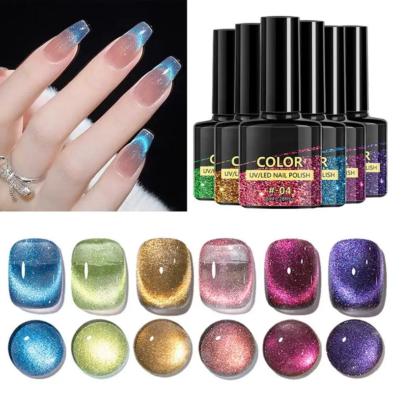 

6PCS/SET Gel Nail Polish 9D Reflective Glitter Cat Magnetic Gel Set With Magnetic Soak Off Nail Art Varnish