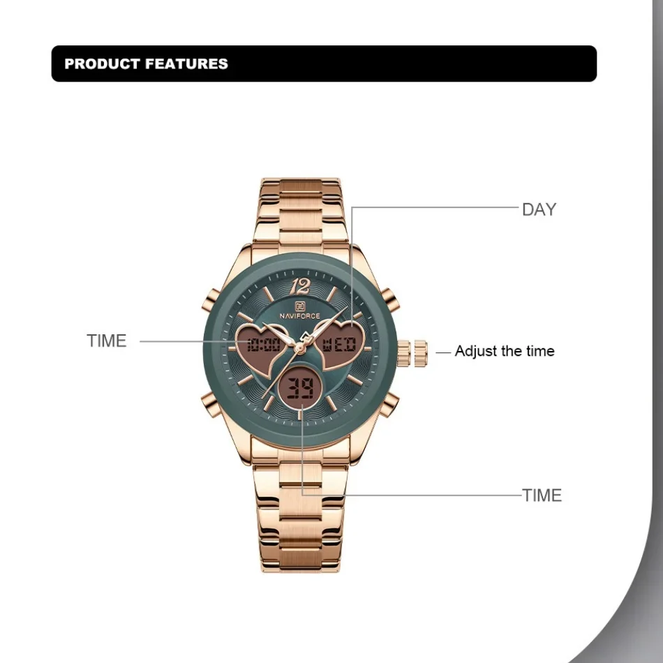 حزمة الهدايا NAVIFORCE الأصلي الجديد للسيدات فستان كوارتز تاريخ ساعة موضة ساعة حزام ناقل من الفولاذ ساعة يد نسائية بسيطة عادية