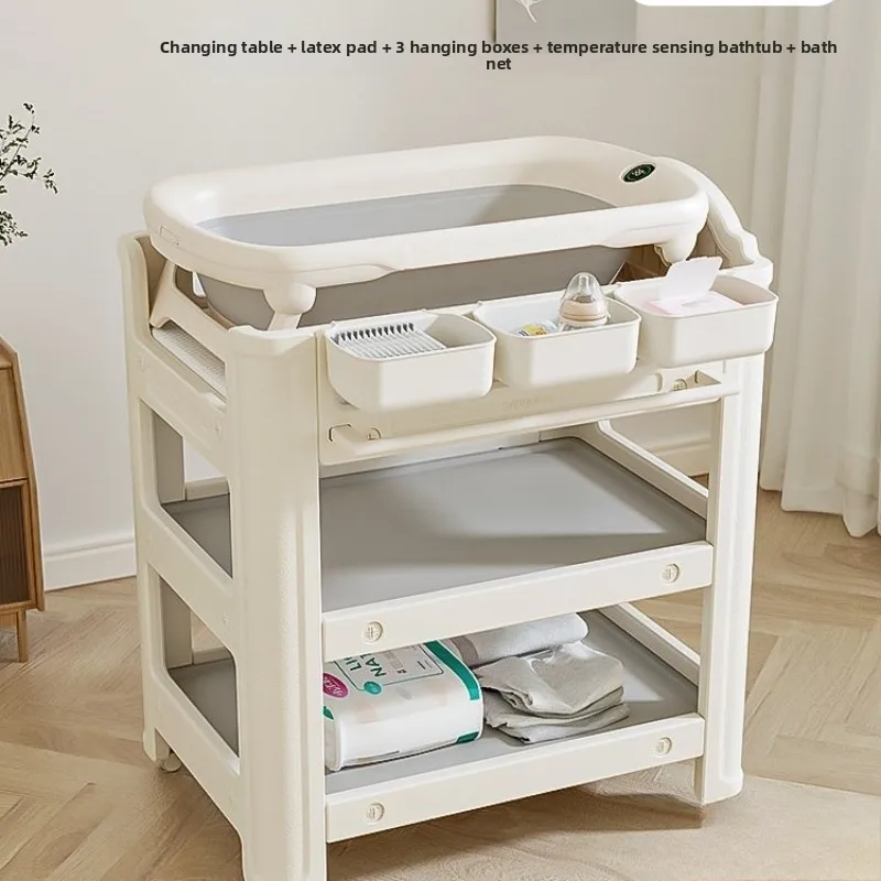 Picture 4: Baby Diaper Changing Table & Bath Station, Movable Infant Care & Storage Cabinet, Two-Layer Organization with Soft-Cushion Top