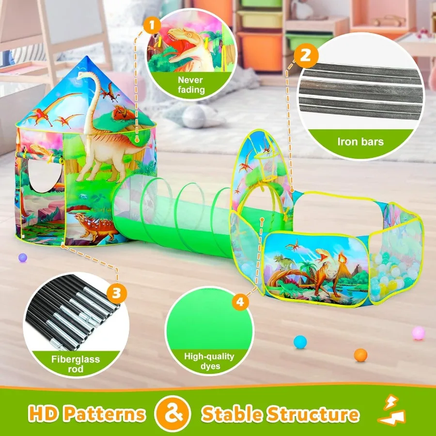 3-teiliges Dinosaurier-Spielzelt für Jungen mit Bällebad, Krabbeltunnel, Spielzelte für Kleinkinder, Baby, Weltraum, Spielhaus, Spielzeug für Jungen, Indoora