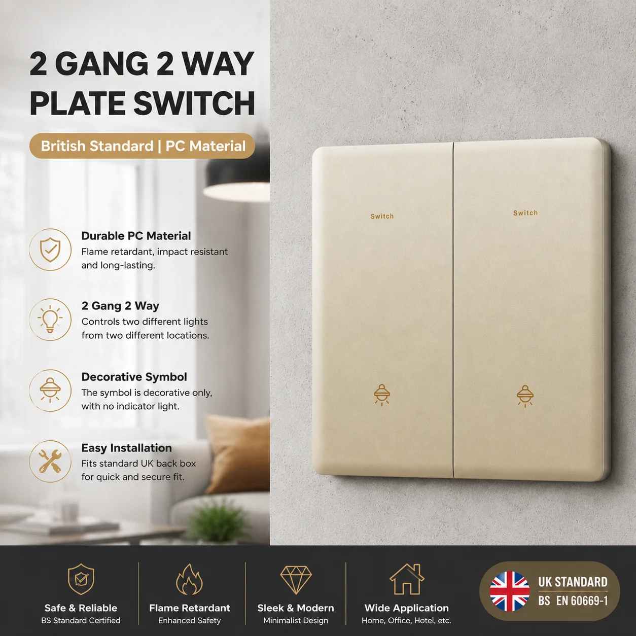 Gold UK 13A with USB C 18W 3.1A  Fast Charging Socket with USB Port. Wall Power Switch Socket, 1gang3way Intermediate Switch