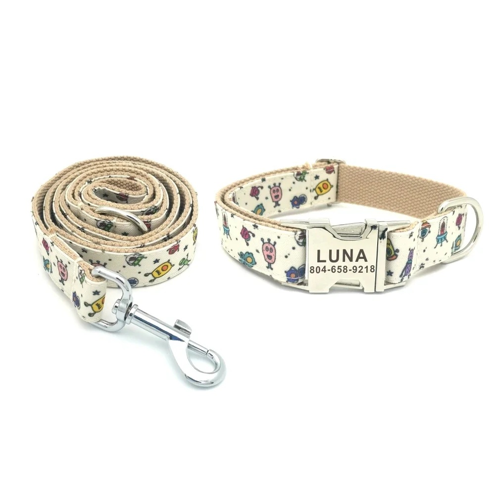 Personalized Dog Collar with Free Engraving, Matching Pet Leash,Customzied Contacts Metal Buckle,Space Monster Pet Collar