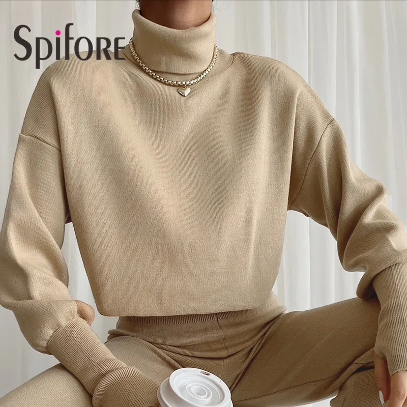 Spifore Knitted Turtleneck Woman Pullovers Long Sleeve Solid Loose Casual Fall Winter Fashion Sweaters INS Women Crop Top