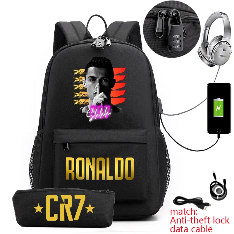 Ronaldo print borsa da scuola primaria e secondaria zaino per giovani borsa da viaggio USB con serratura antifurto