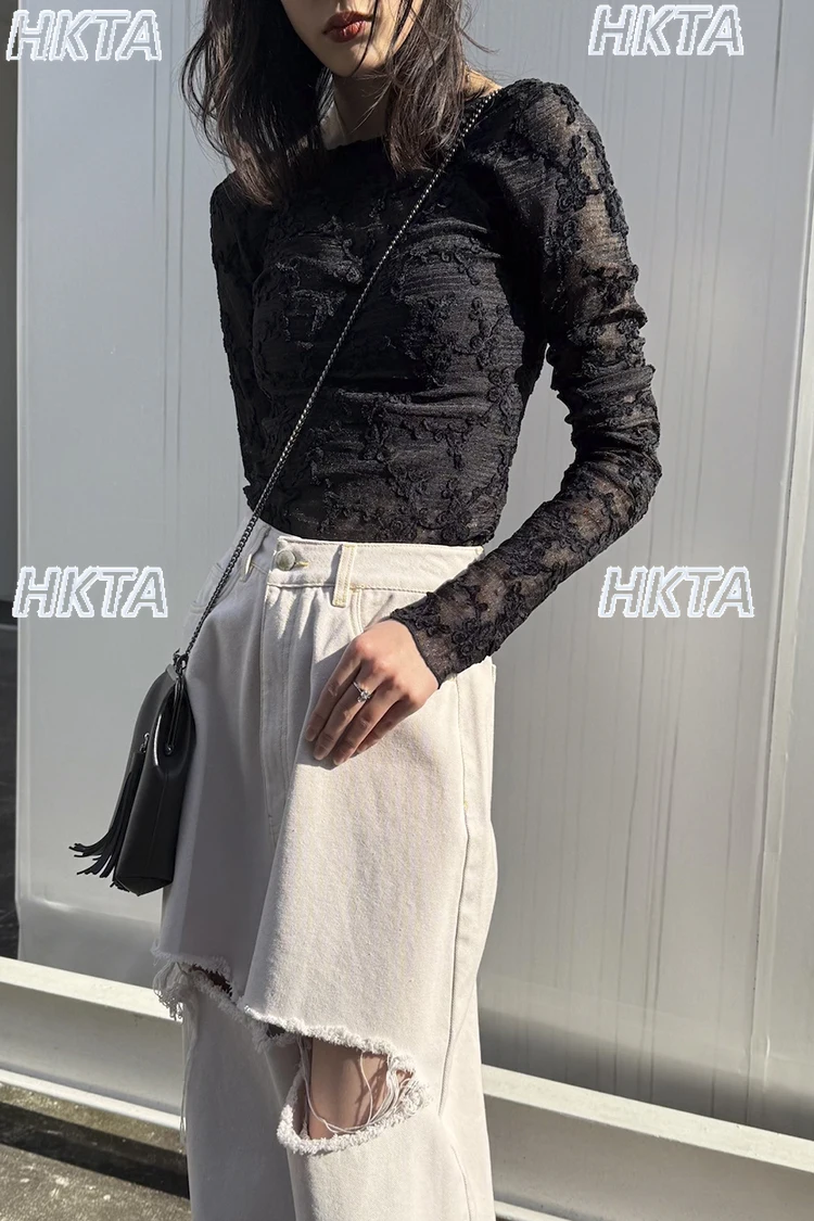 Maglietta giapponese elegante sexy dolce tridimensionale fiore pizzo sottile elastico senza schienale dolce maglietta a maniche lunghe top maglietta bianca da donna