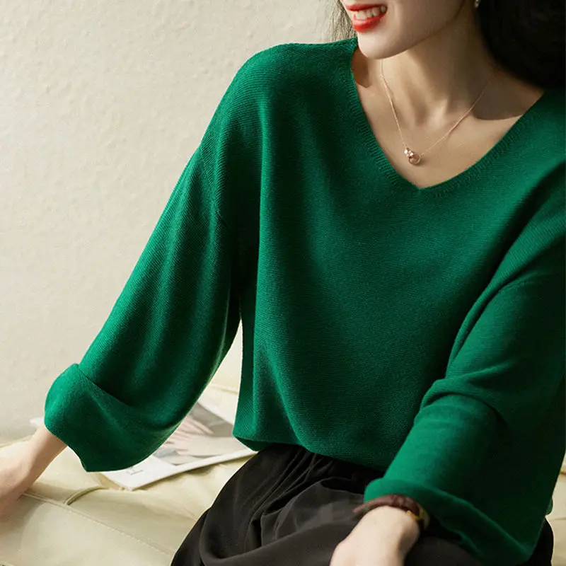 Fashion V-Neck Knitted Solid Color All-match Blouse Women\'s Clothing 2023 Spring Summer New Casual Pullovers Loose Korean Shirt