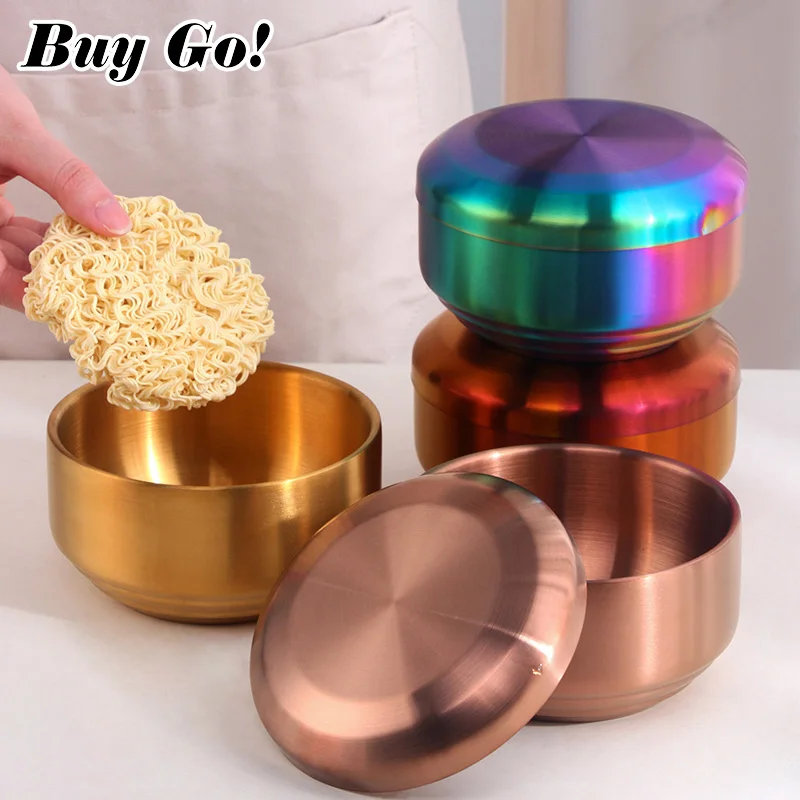 1/2PCS 304 Stainless Steel Korean Rice Bowl With Lid Double Anti-Scalding Soup Food Serving Bowls Container Kitchen Utensils