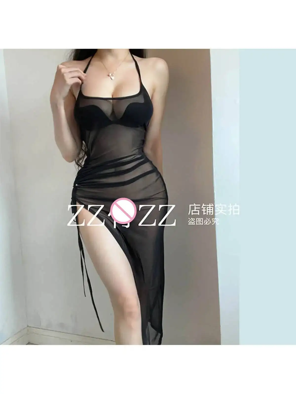 New Sweet Cool Drawstring Lace Up Slit Mesh Transparent Sexy Dress Elegant Black Thin Fashion Women Mini Dress Tops 01LD
