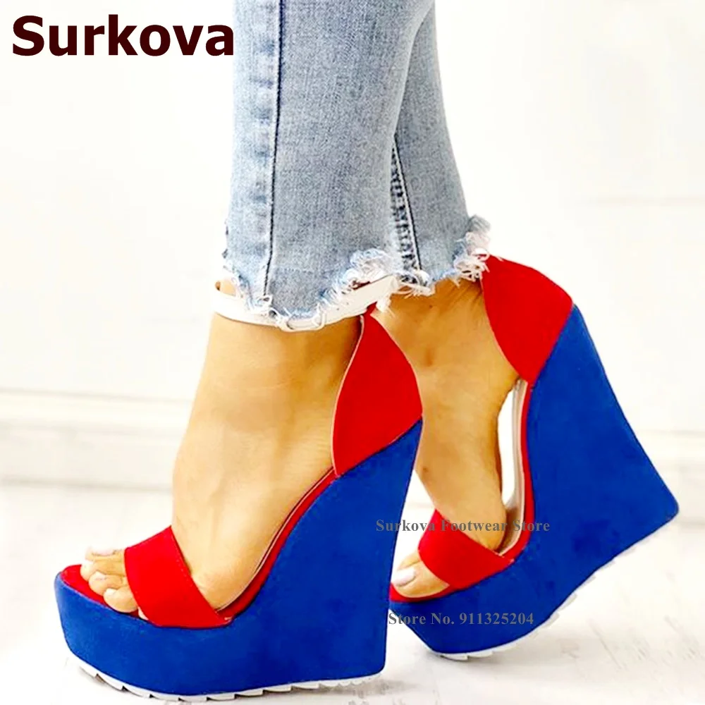 Surkova Royal Blue Wedged Heel Platform Sandals Red Suede Colorized Patchwork Dress Shoes Open Toe Buckle Strap Banquet Pumps