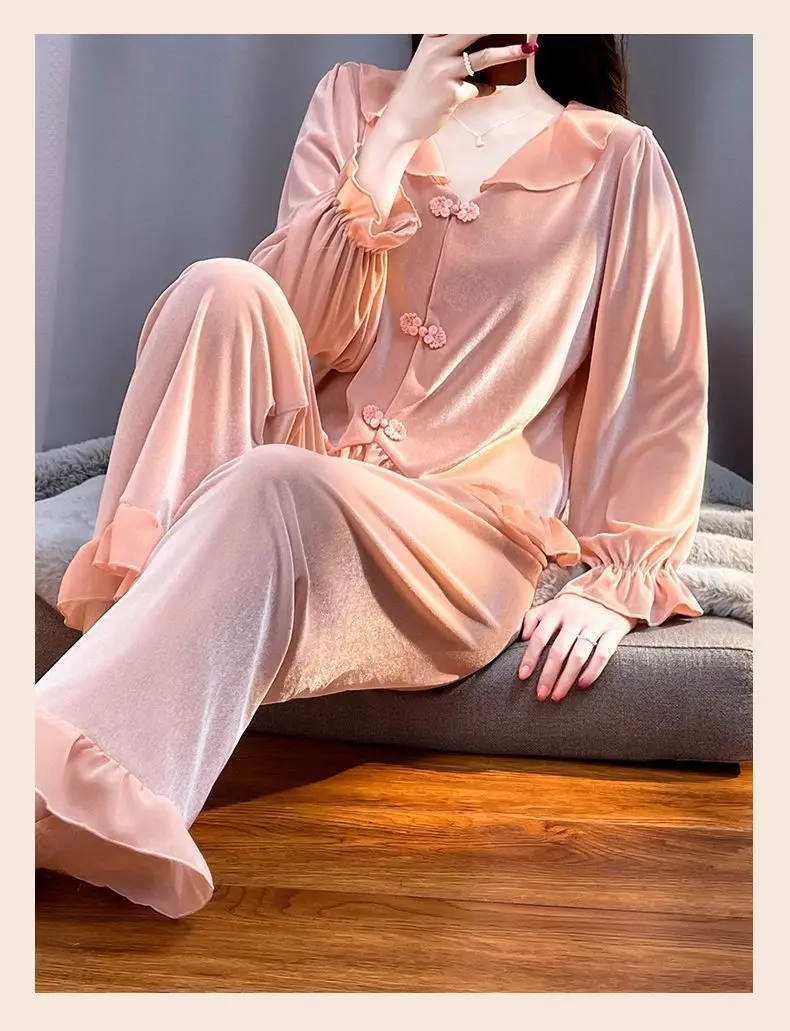 Gold Velvet Winter Women Sleepwear Pajamas Set Long Sleeve Trousers Spring Autumn Pijamas Casual Ladies Pyjama Suit Home Wear