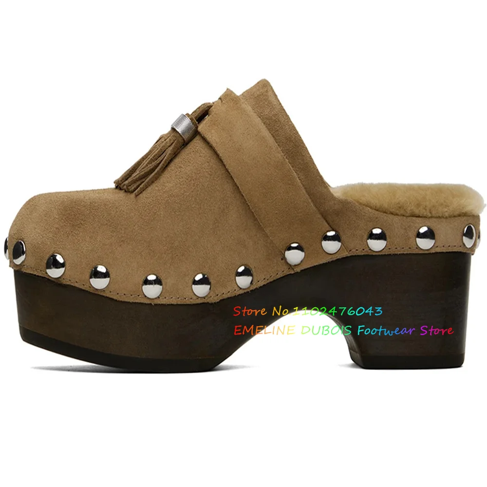 Beige Buffed Leather Loafers Women Platform Round Toe Wood Med Heel Tassels Plush Slippers Metal Decoration Outside Clogs