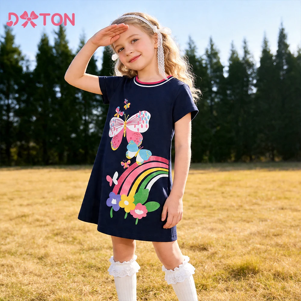 DXTON Summer Short Sleeve Dress For Girls Butterfly Cotton Toddler Dress Childres School Casual Wear Rainbow Printed Kids Clothe