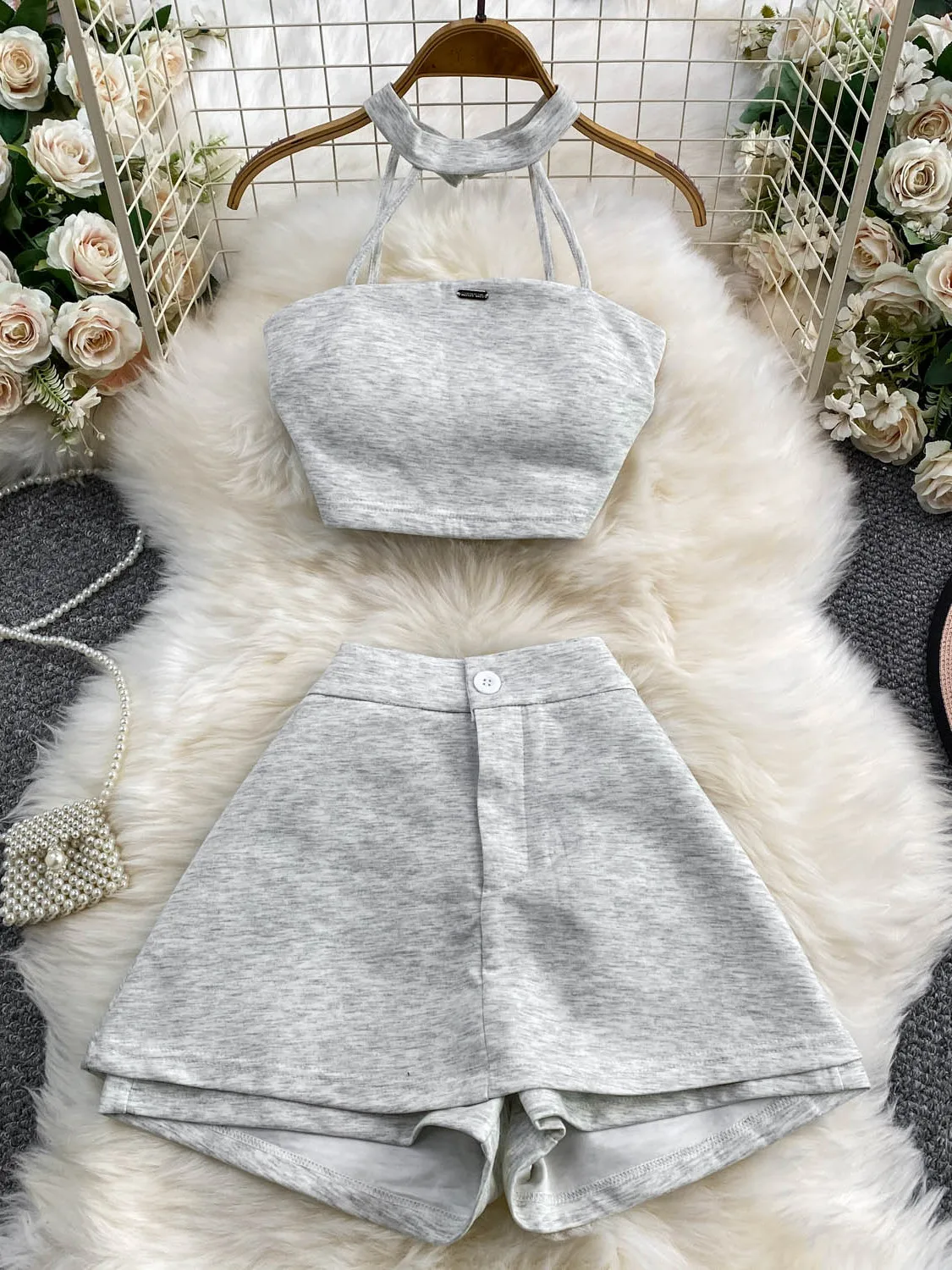 

Casual Slim Fit Short Top with Chest Pad Hollow out Design And Neck Hanging Two Piece Set Pure Desire Small Size Short Skirt ...