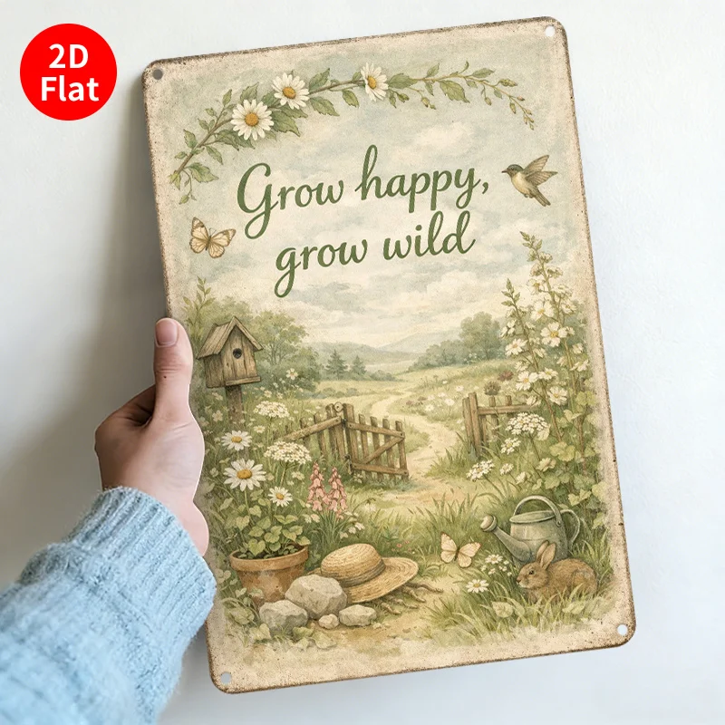 

2D плоская винтажная металлическая табличка «Grow Happy, Grow Wild» для наружного и внутреннего использования, настенная вывеска для сада и парка