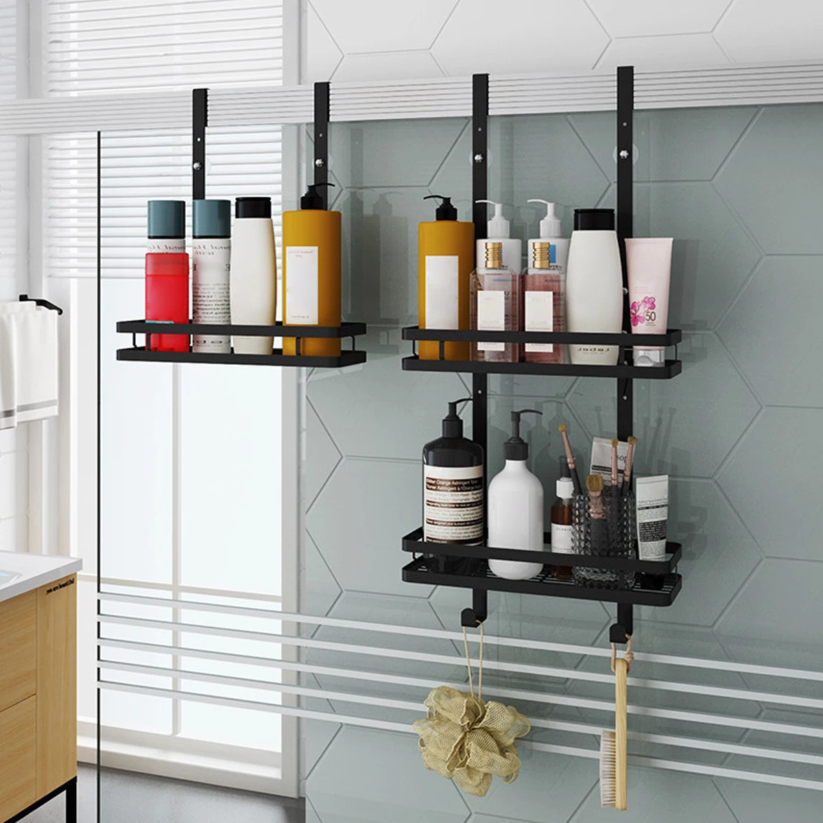 Stainless Steel Shower Caddy Hanging Bath Shelves Bathroom Organizer Nail-free Shampoo Storage Shelf Rack Bathroom Basket Holder