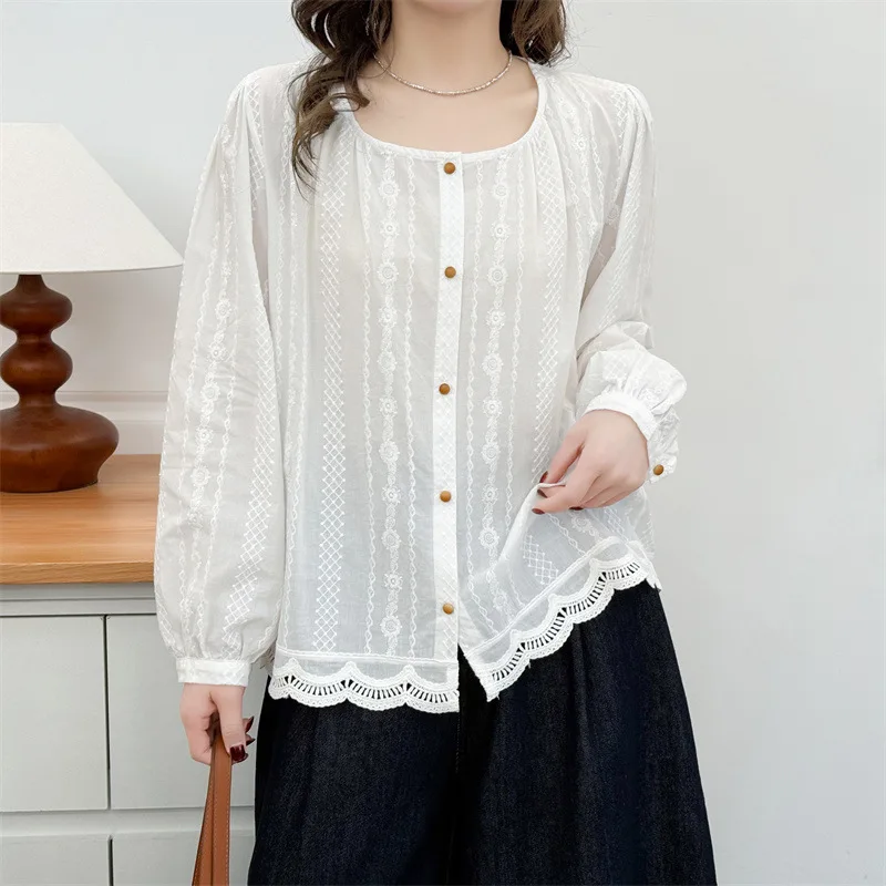 

Women's Plus Size U Neck Cotton Shirt 2026 Spring Long Sleeve Embroidery Cardigan Blouse Tops 2605
