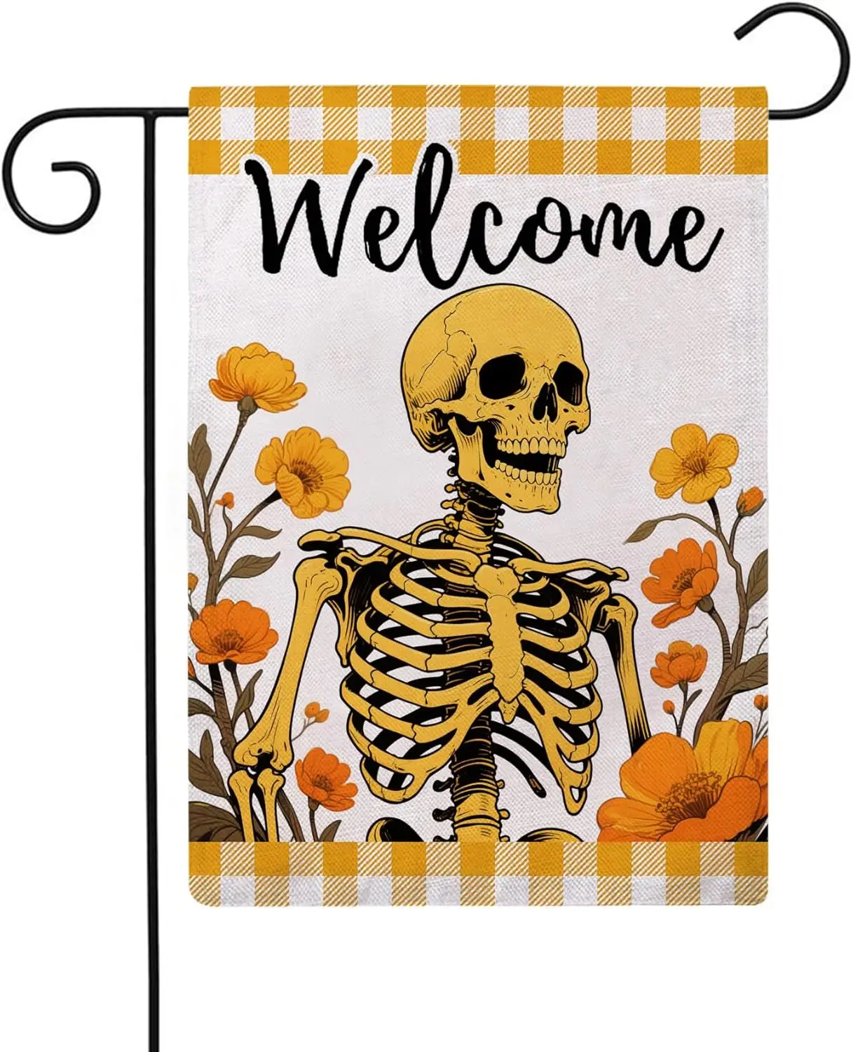 Halloween Skeleton Garden Flag Halloween Welcome Skull Flowers Design Double Sided Farmhouse Yellow Buffalo Check Decorative WWP