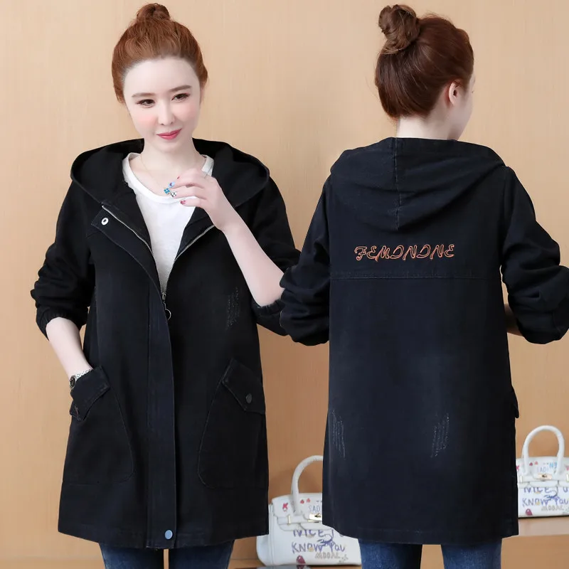 

Женская корейская джинсовая куртка с капюшоном, плащ, длинные мотоциклетные куртки, повседневные свободные базовые пальто, женская весенне-осенняя верхняя одежда