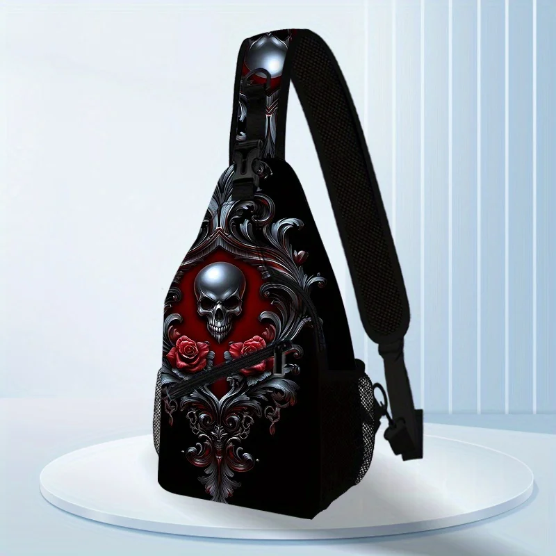 3D Printed Gothic Sling Bag Gothic Rose Skull 3D Printed Crossbody Bag for Men Women Adjustable Strap