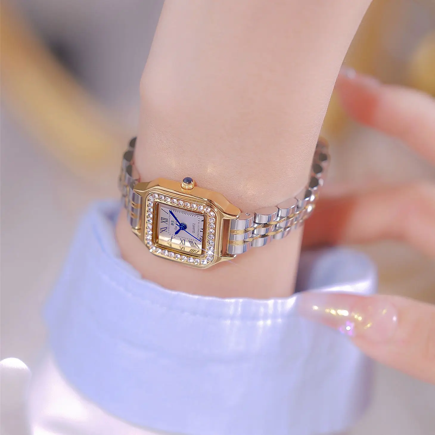 BS bee sister Women Quartz Watch Luxury Gold Clock Square Stainless Steel Orologio Reloj Ladies Diamond Roman Numeral Wristwatch