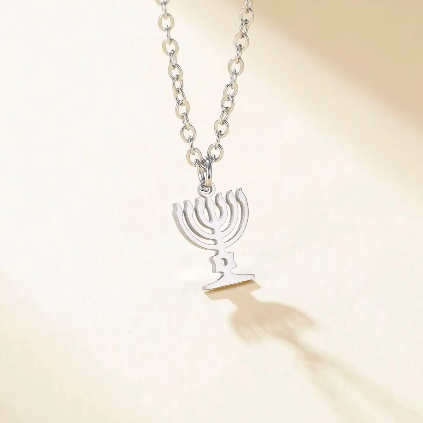 Stainless steel menorah candle holder necklace Jewish religious amulet jewelry for women