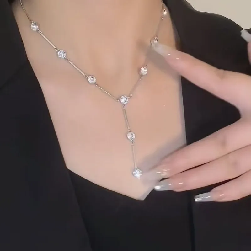 

Silver Crystal Lariat Necklace, Y - Shaped Dainty Cz Pendant Chain, Elegant Statement Jewelry For Women Girls