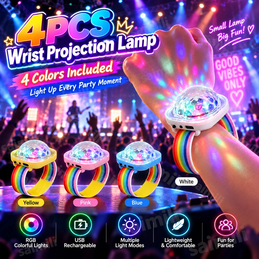 4PCS Wearable Wrist Disco Magic Ball Light RGB Sound Activated Bracelet Lamp USB Multiple Flashing Modes Portable Stage Light
