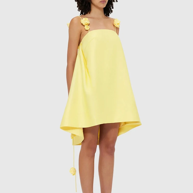 Summer Satin Thin Women\'s Party Dress Fashion Hollow Sleeveless Holiday Dresses Yellow Rose Flower Suspenders Mini Dress Vestido