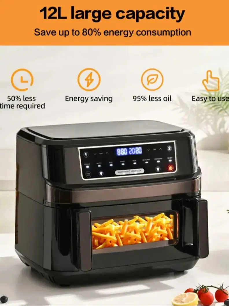 12-Liter-Heißluftfritteuse, ein- oder Doppelkammer, verstellbar, XXL-Airfryer mit Touchscreen, 8 Programmen, Heißluftfritteuse mit Sichtfenster