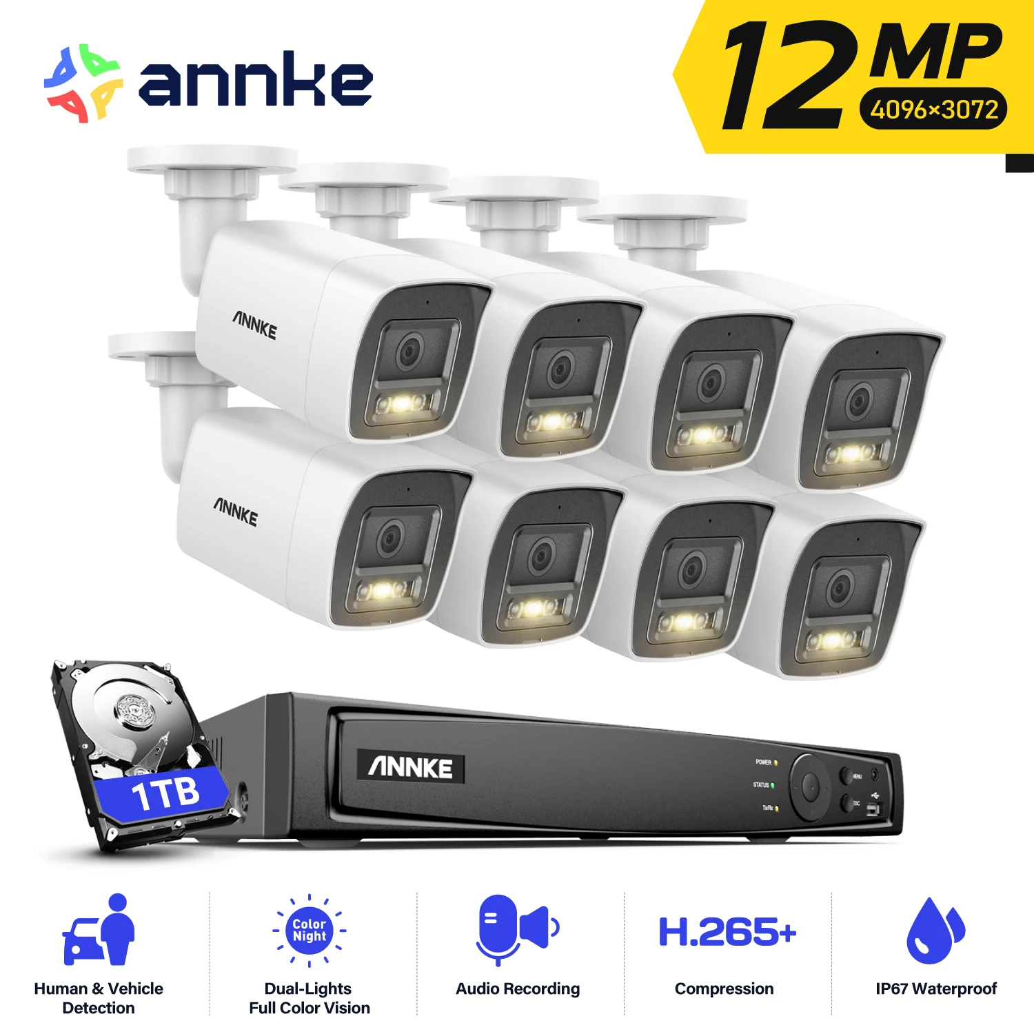 ANNKE 12MP POE Security Camera System,8CH NVR  Outdoor Video Surveillance Cameras Kit H.265+ Smart Dual Light Motion Detection