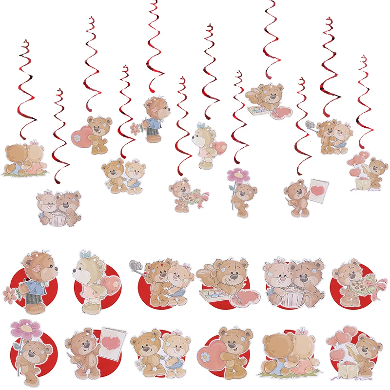 

12pcs Valentine's Day Teddy Bear Spiral Swirl Hanging Garland Bunting Bear Love Shaped Banner Wedding Party Anniversary Supplies