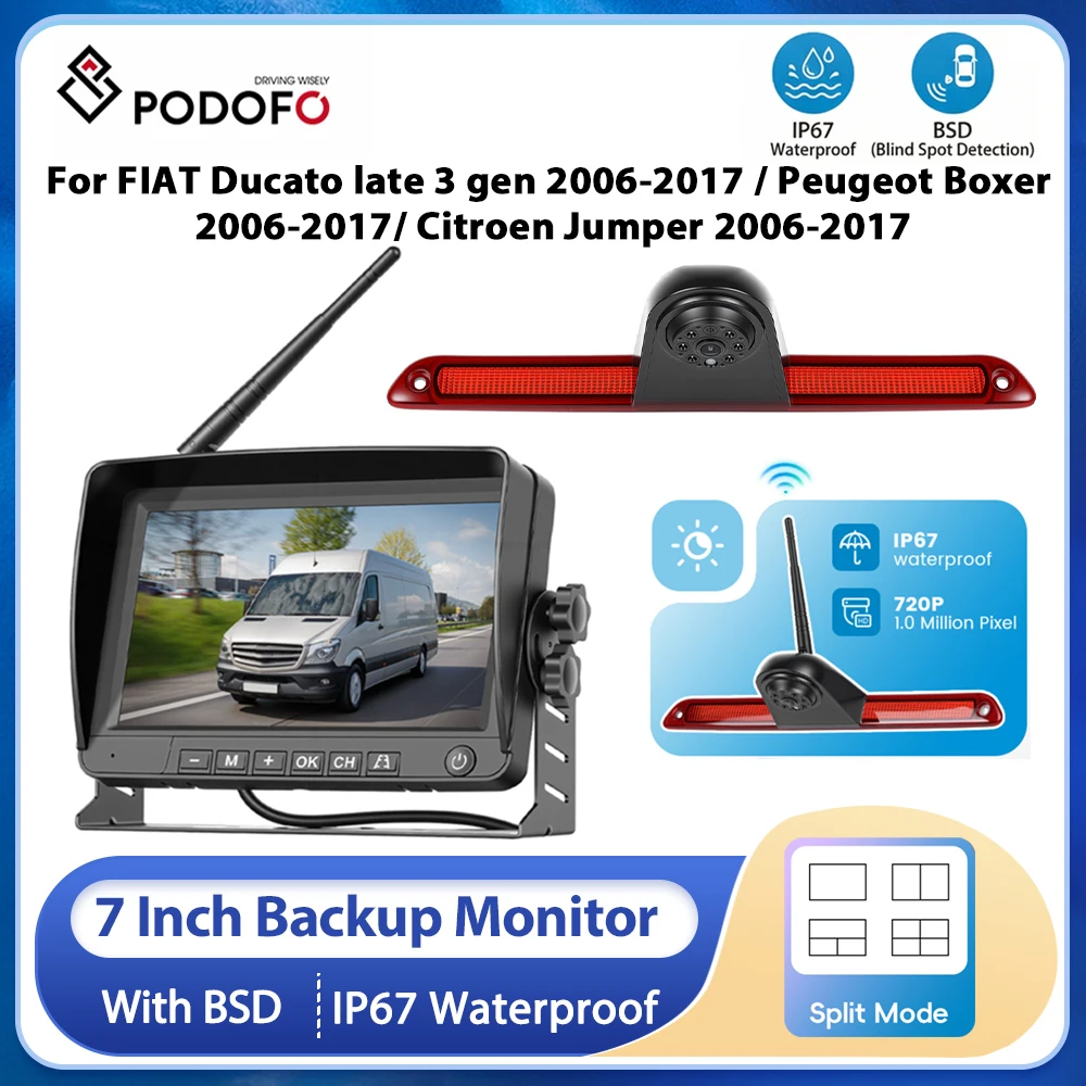 

Podofo 7" Rear View Monitor Wireless Reverse Camera IP67 Waterproof Infrared Night Vision With BSD for Truck/Bus/RV