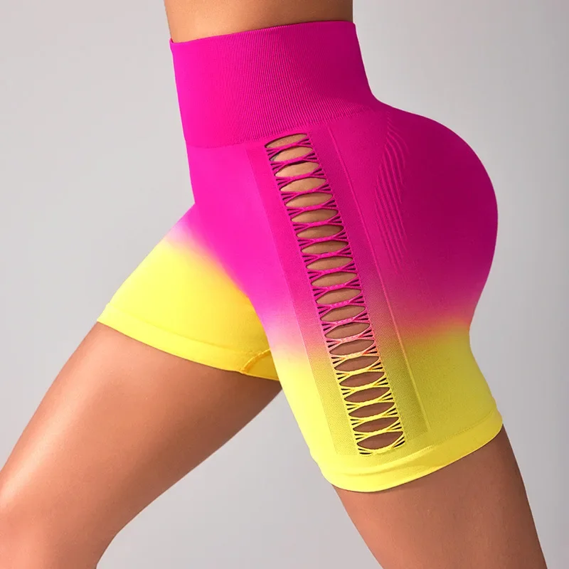 Seamless Gradient Hollow Out Yoga Sports Shorts Women Hip-lifting Fitness Gym Short Leggings Workout Scrunch Shorts Sport Femme