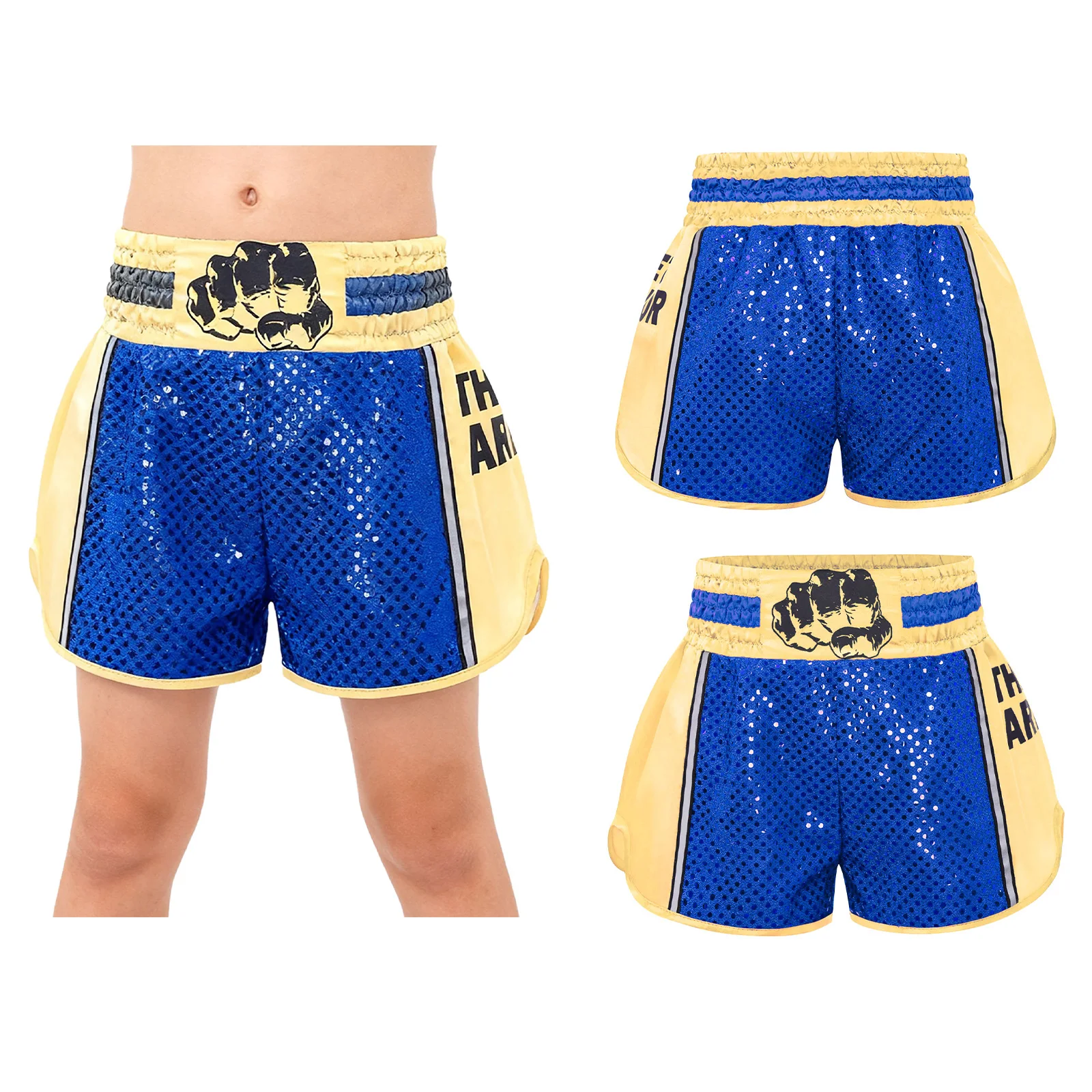 #6-16 Kids Boys Girls Boxer Trunks Elastic Waistband Shiny Sequins Color Block Sides Slit Boxing Shorts Elastic Waistband Pants