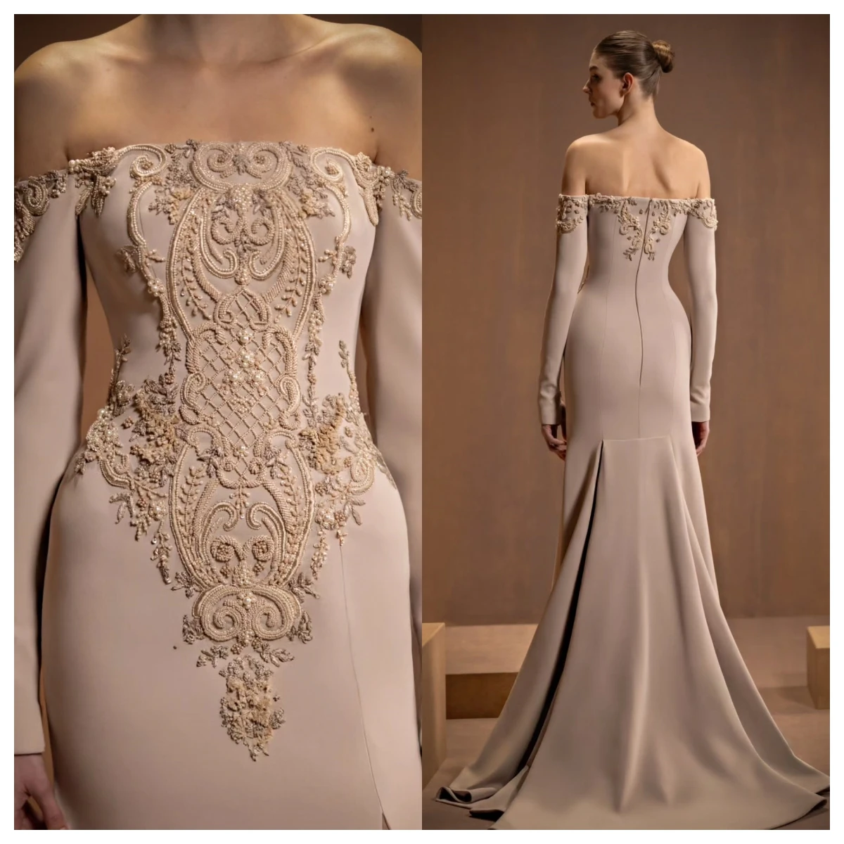 

Customized Temperament Khaki Jersey Evening Dress Boat Neck Off the Shoulder Long Sleeves Celebrity Gowns Bridal Part