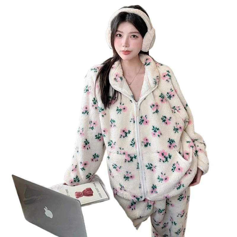 Pajamas Women's Autumn Winter New Flannel Loungewear Coral Fleece Thickened and Fleece Small Pink Flower Zipper Warm Clothes Set