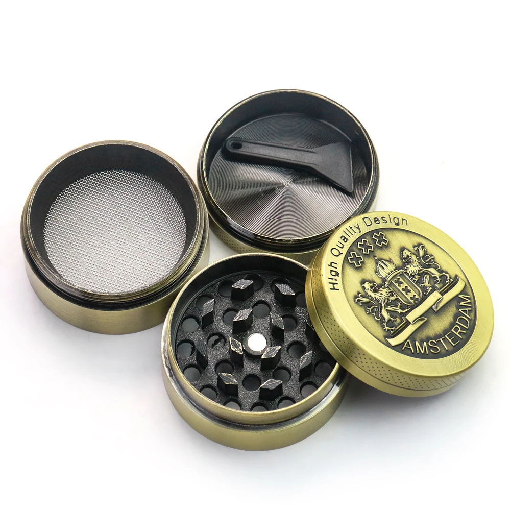 Manual Tobacco Grinder Brass Amsterdam Smoke Grass Grinder 4-layer Herbal Spice Pepper Mill Crusher Smoking Accessories