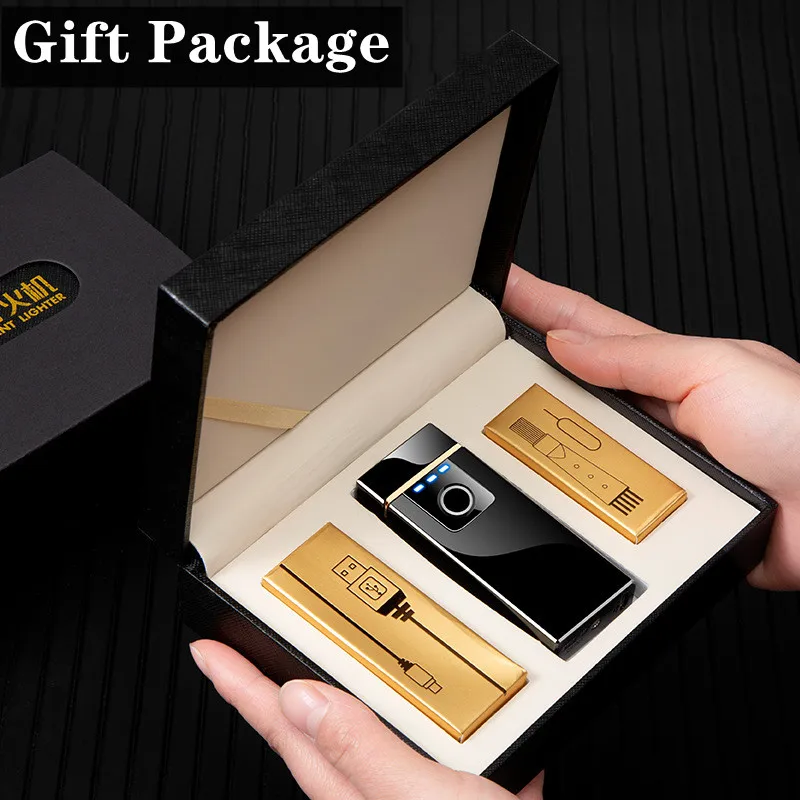 Luxury Smart Chip Fingerprint Recognition Induction Ignition USB Charging Large Flame Lighter LED Power Display Gift Box