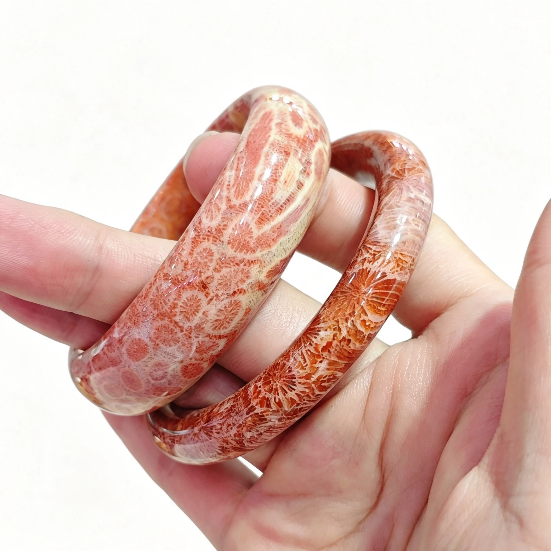Natural Coral Jade Bangle Bracelet Pink Fossil Coral Bangle Flower Pattern Gemstone Bracelet Crystal Jewelry Gift