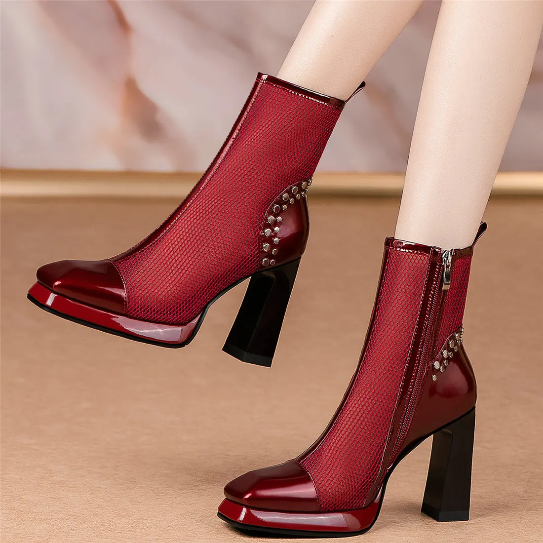 

Platform Pumps Women Genuine Leather High Heel Ankle Boots Female Hollow Mesh High Top Square Toe Gladiator Sandals Casual Shoes