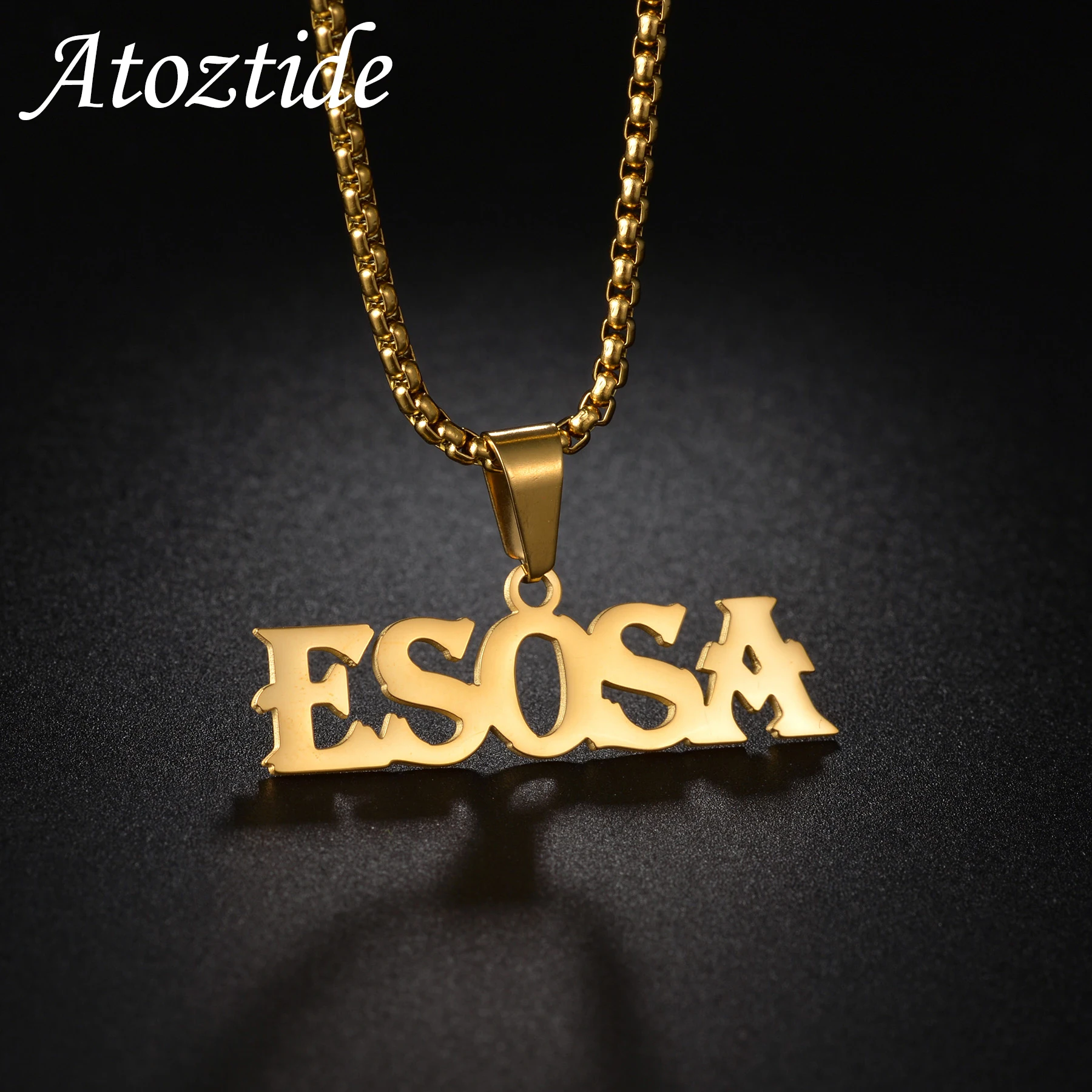 Atoztide-collar con colgante personalizado para hombre y mujer, cadena gruesa cubana de acero inoxidable, Color dorado, 50cm