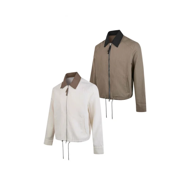 

EME Autumn New Linen Cleanfit Short Wide Jacket Coat Unisex American Style Loose Color-Block Turn-Down Collar Top