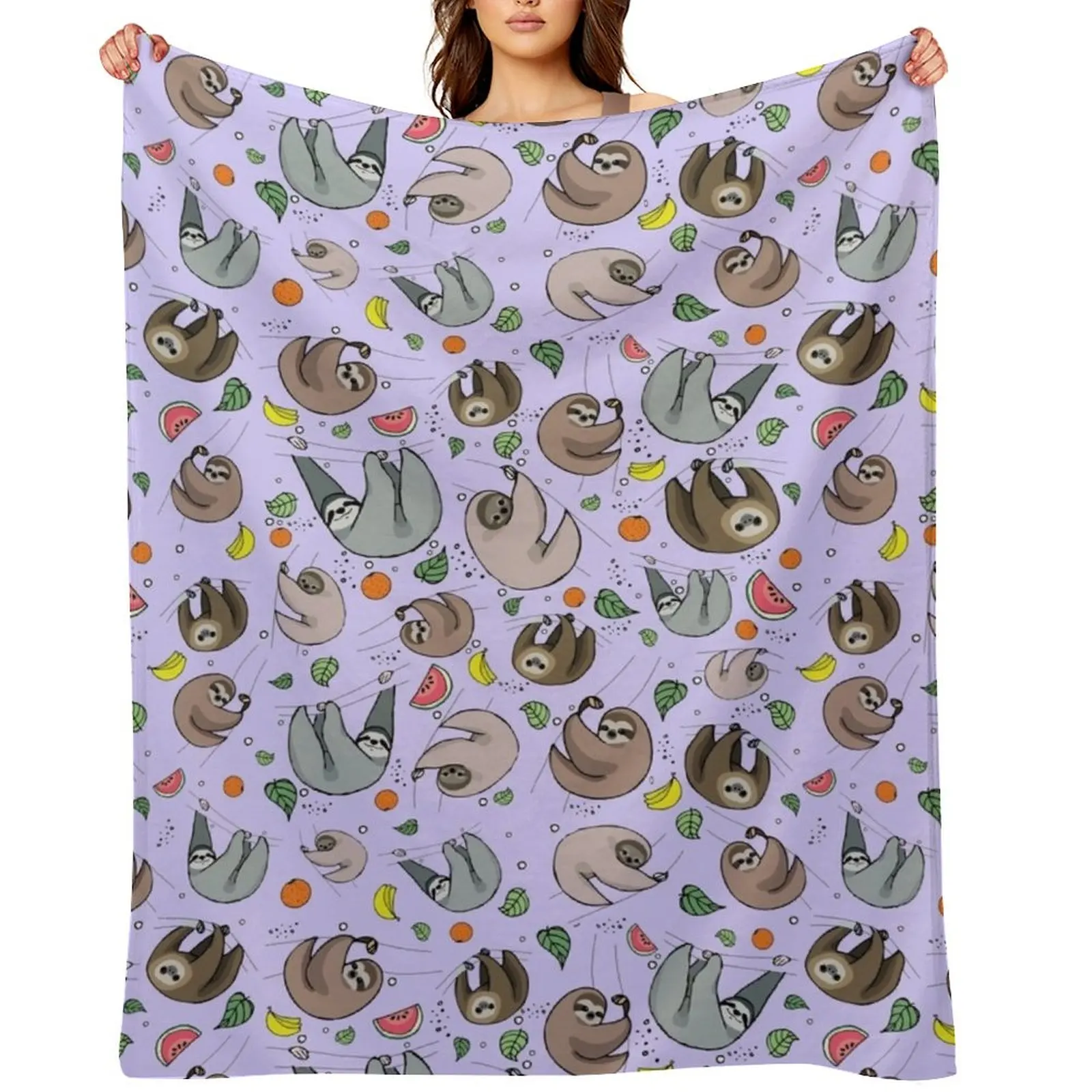 Sloths in Purple Throw Blanket Flannel Fabric Softest Cute warm for winter Blankets